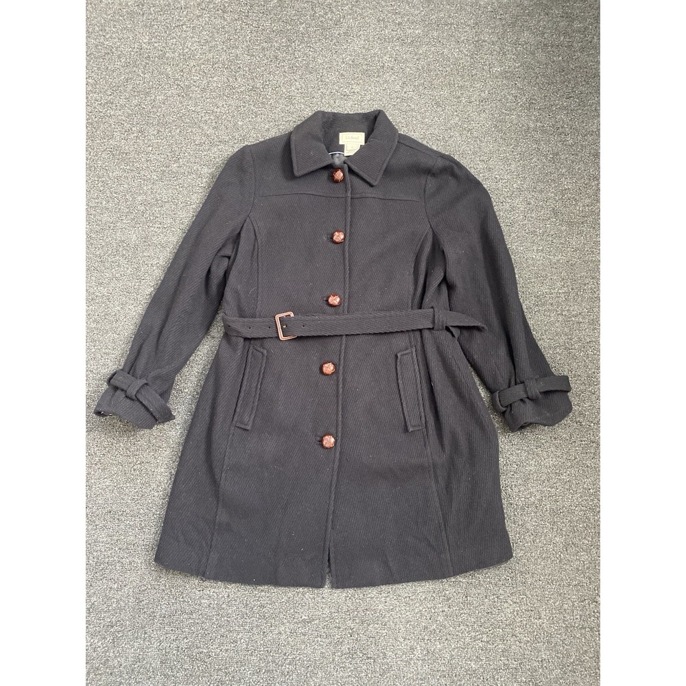 LL Bean Wool Belted Trench Coat Black Womens Large Button Front Warm Outdoor